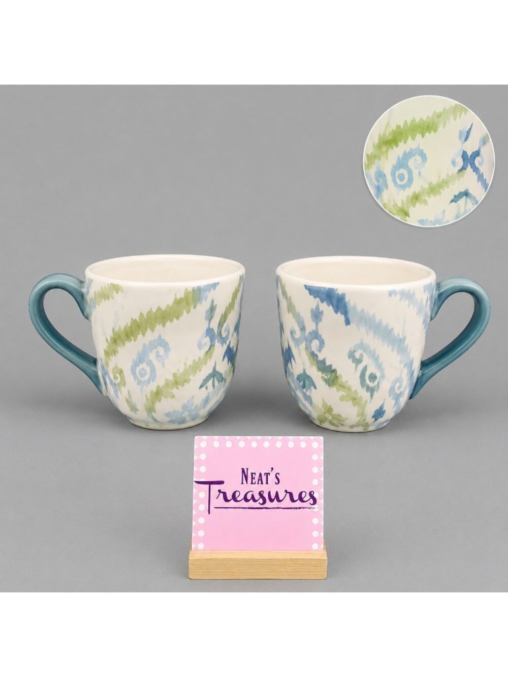 Noble Excellence BLUE IKAT Ironstone Green Scrolls Design Coffee Cups Mugs Set 2